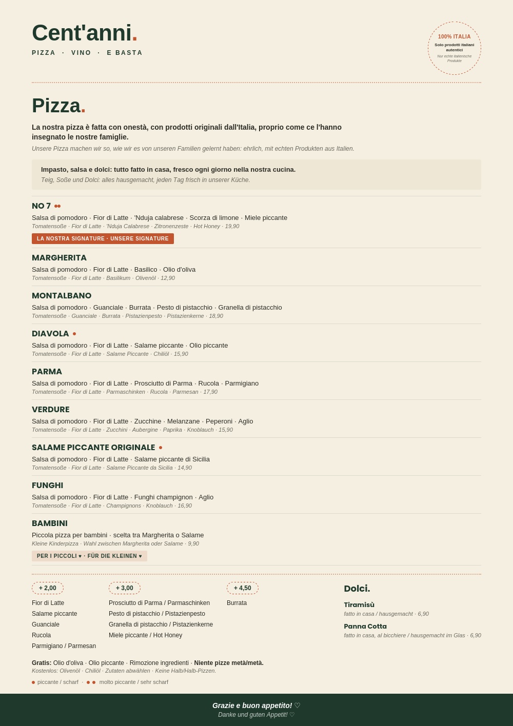 Pizzakarte Cent'anni